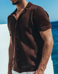 A dark brown short-sleeved knit cardigan with a textured honeycomb pattern and button closure from AMAFI knit shirt