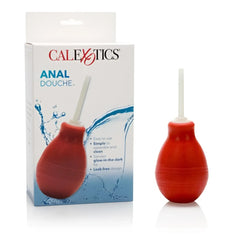 Red silicone anal douche with a white plastic tip designed for effective and comfortable cleaning