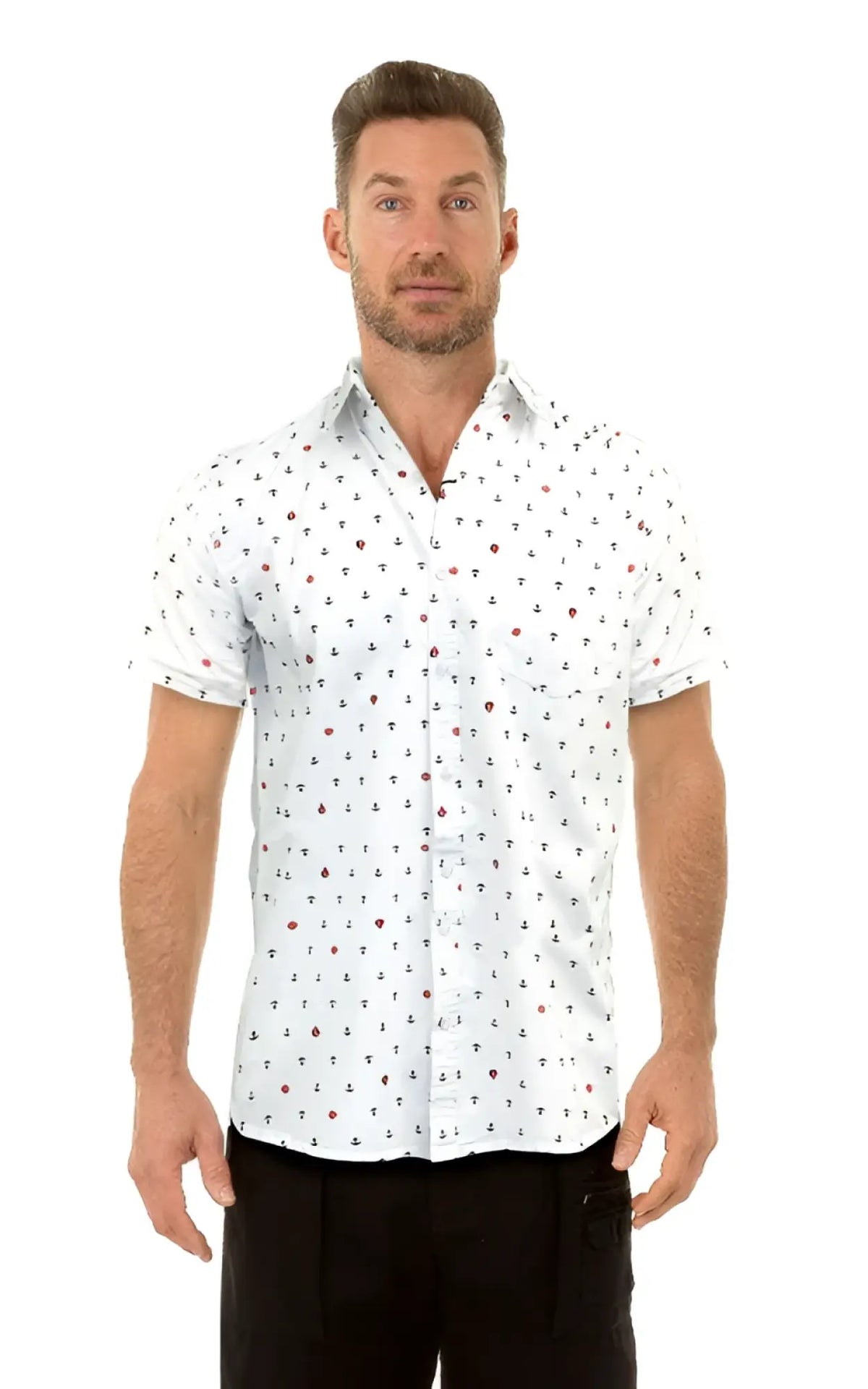 White short-sleeved button-up anchor s s shirt with a subtle pattern of small anchors and red dots