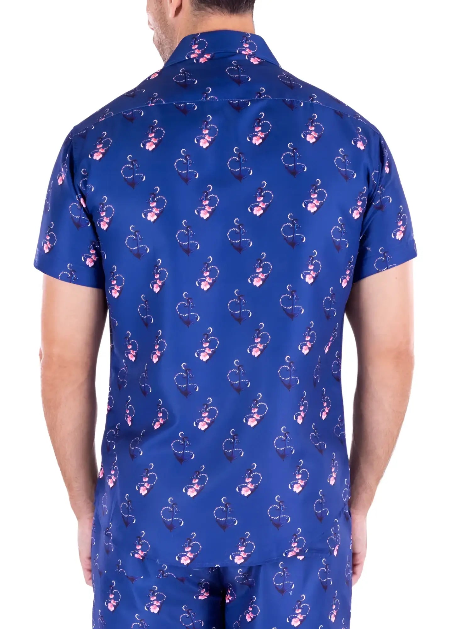 Blue short-sleeved button-up anchoring in hawaii shirt with pink and white abstract pattern perfect for summer wear