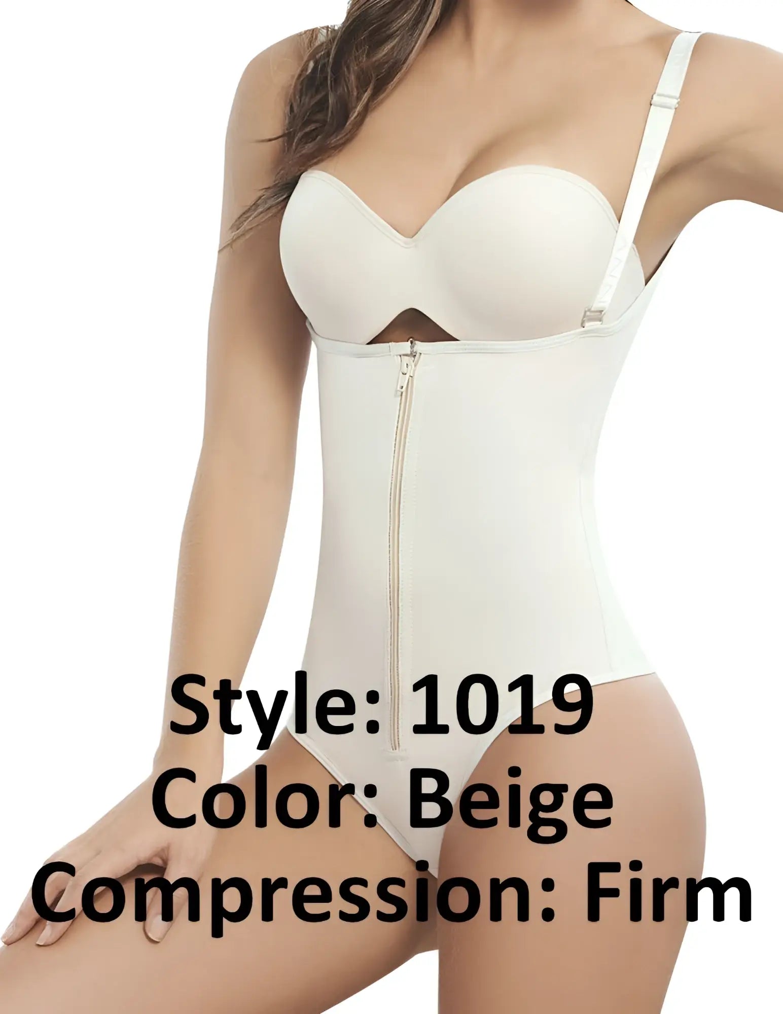 Beige firm compression powernet bodysuit with front zipper and thin shoulder straps by ann chery