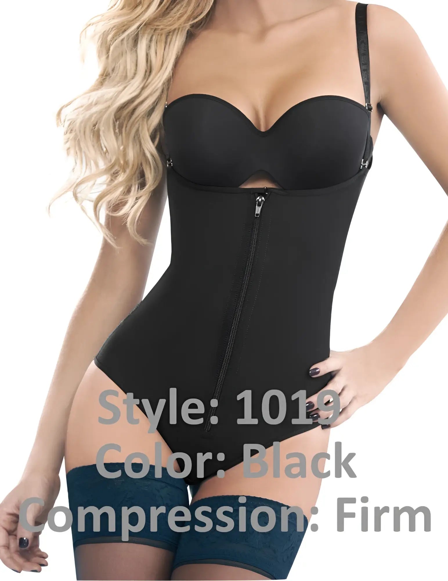 Black Ann Chery 1019 powernet compression bodysuit with front zipper and adjustable straps for shaping and support