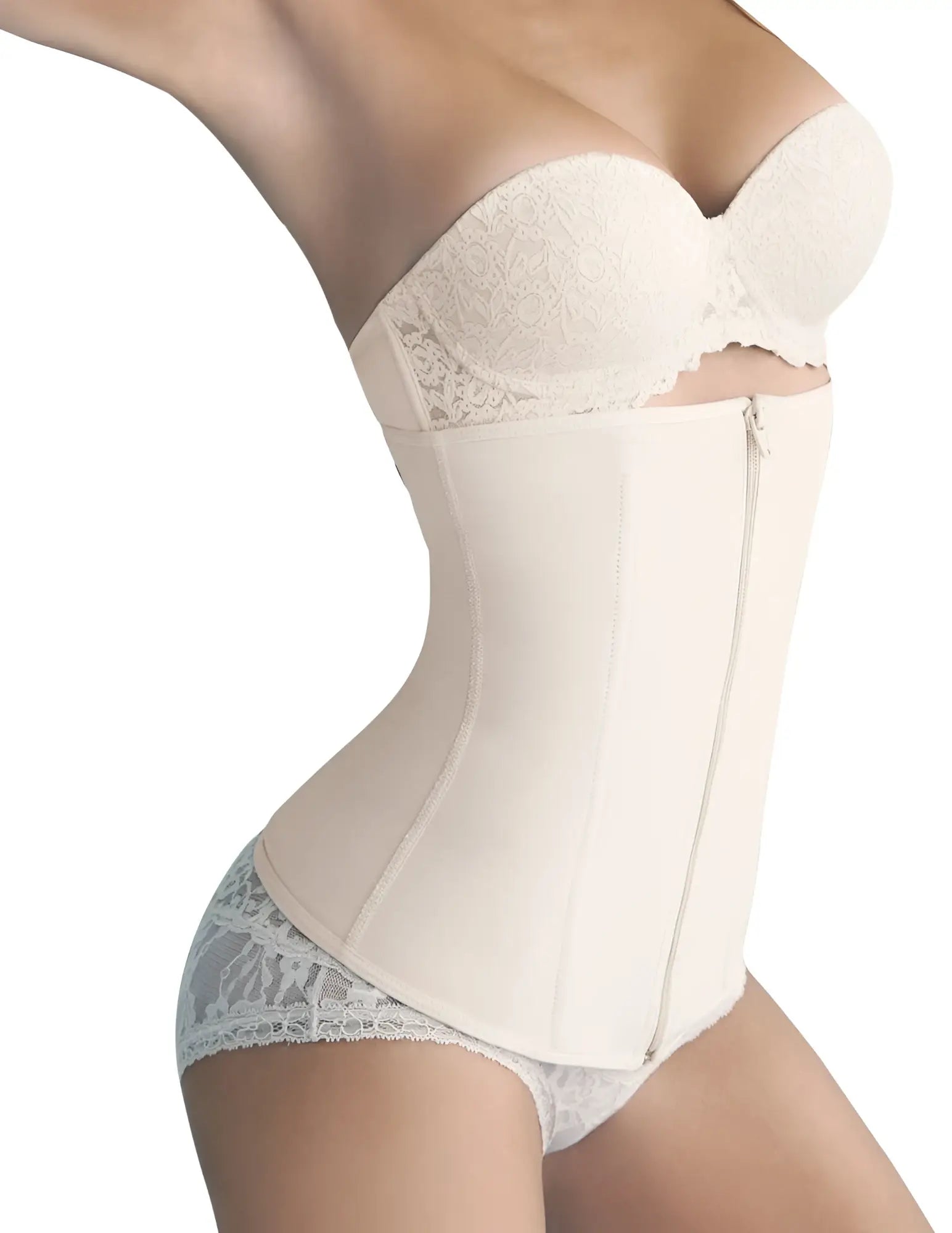 Beige ann chery 1024b powernet girdle with zipper featuring lace trim and structured panels in corset style