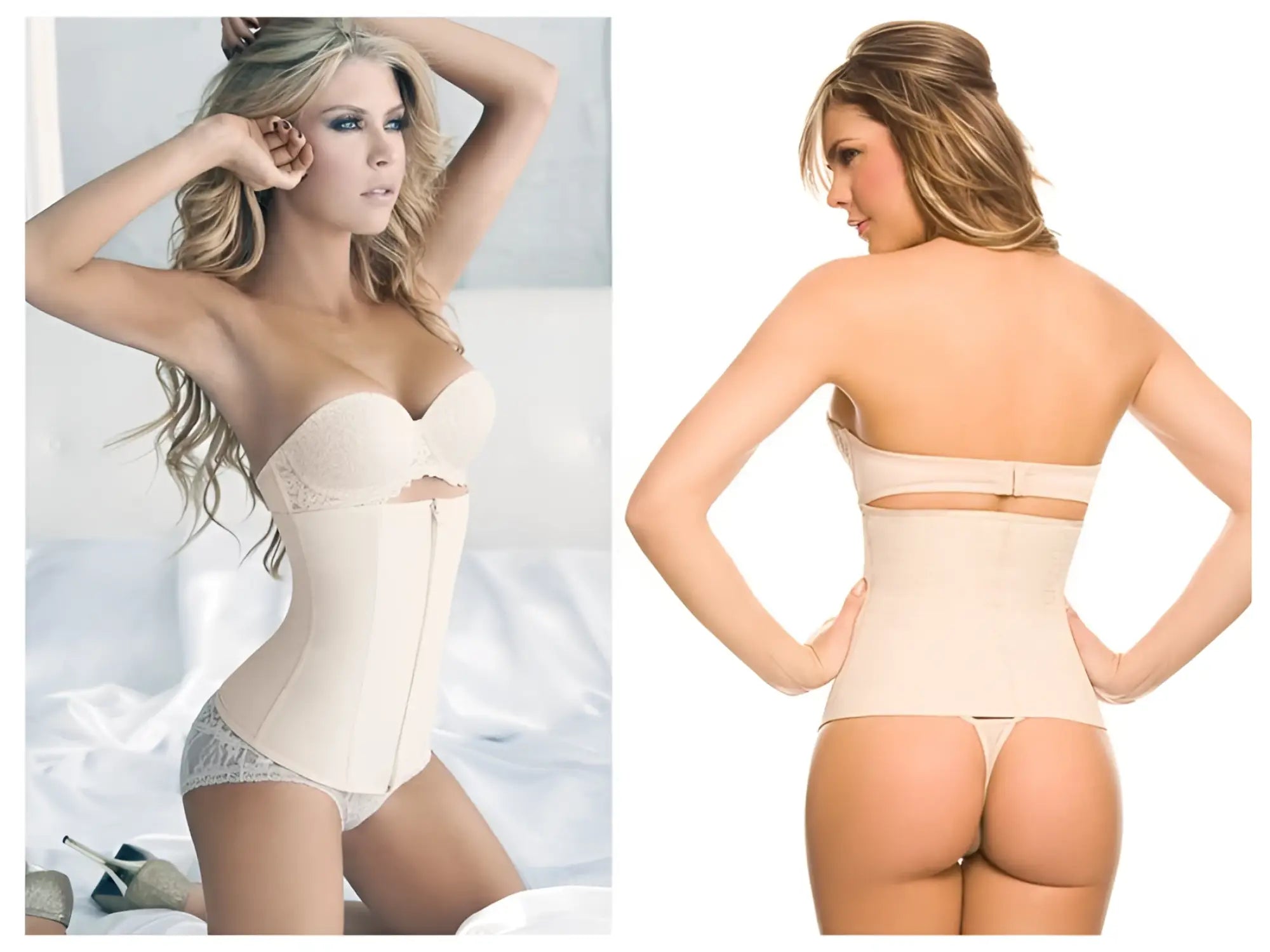 Beige ann chery 1024b powernet strapless waist cincher with lace trim and front zipper for waist shaping