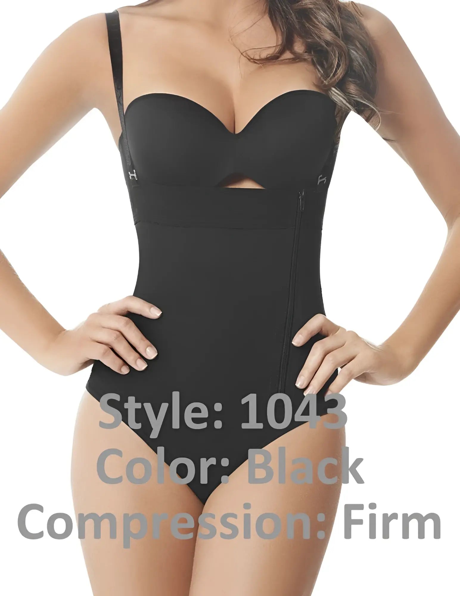 Ann Chery 1043 powernet body Fiorela black firm compression bodysuit with sweetheart neckline and side zipper