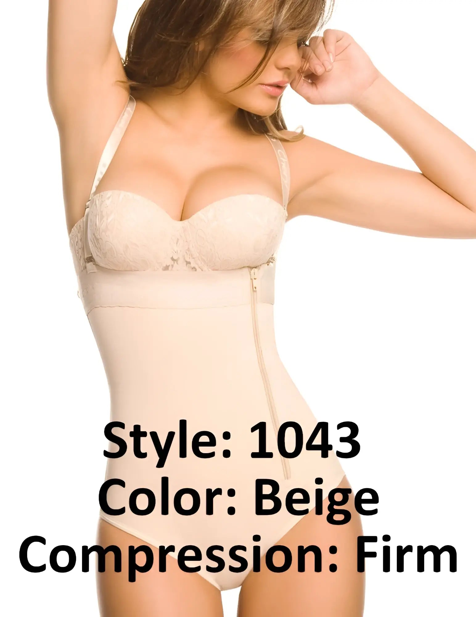 Beige ann chery 1043 powernet firm compression body shaper with lace trim and front zipper for shaping support