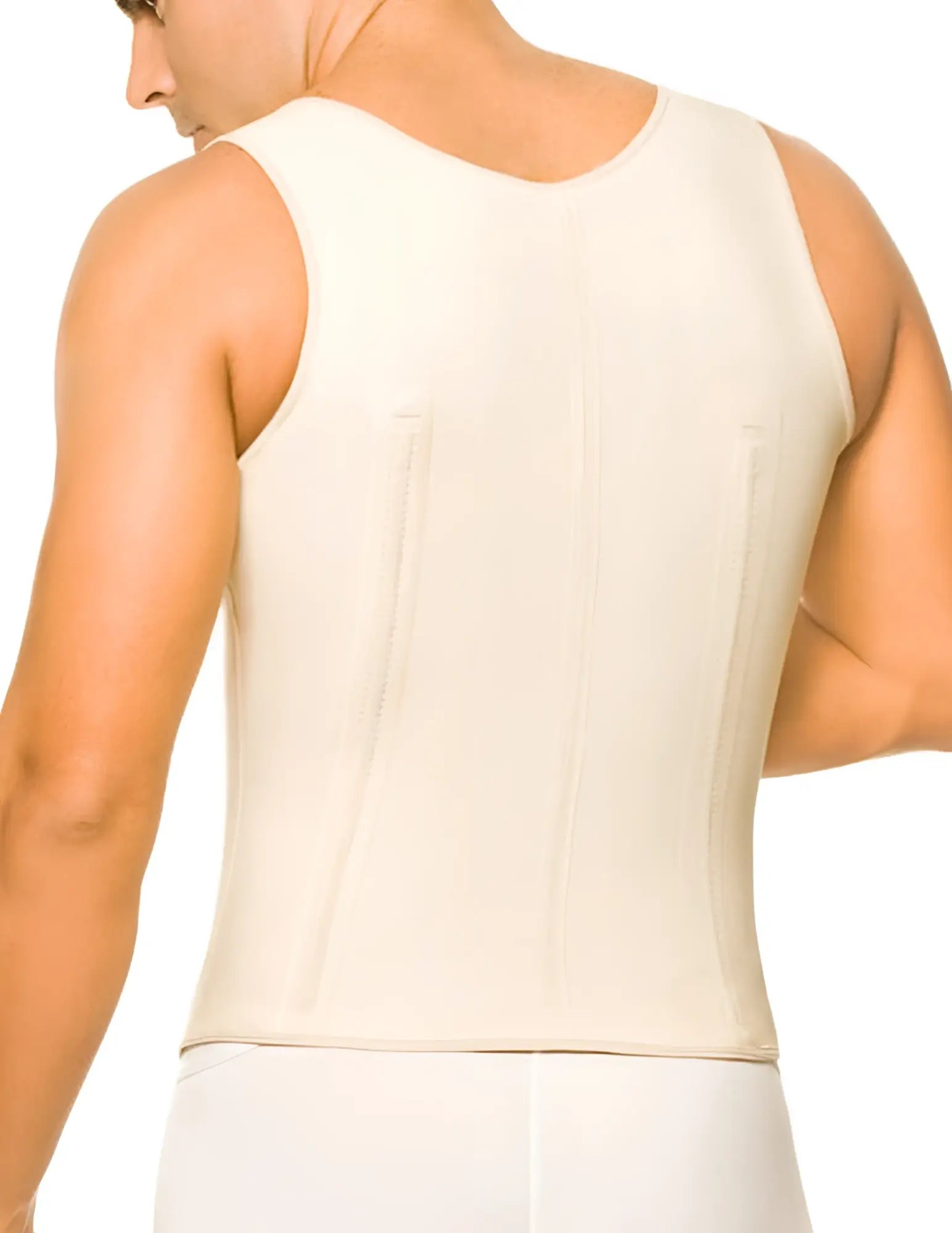 Ann chery 2033 latex men girdle body shaper beige cream-colored sleeveless torso corset with vertical seams and rounded neckline
