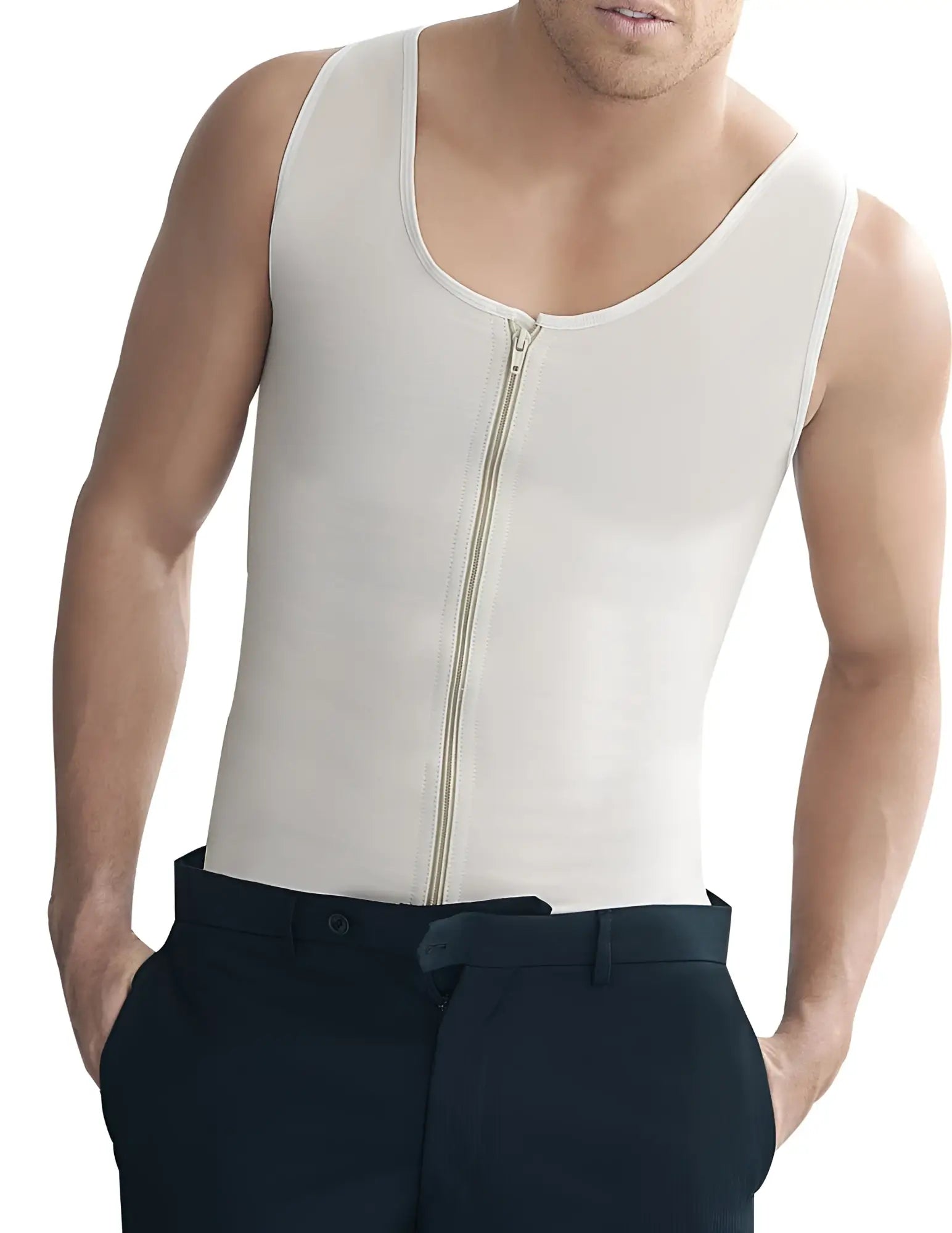 Cream-colored form-fitting zip-front tank top made of stretchy fabric from ann chery 2034 latex men girdle body shaper beige