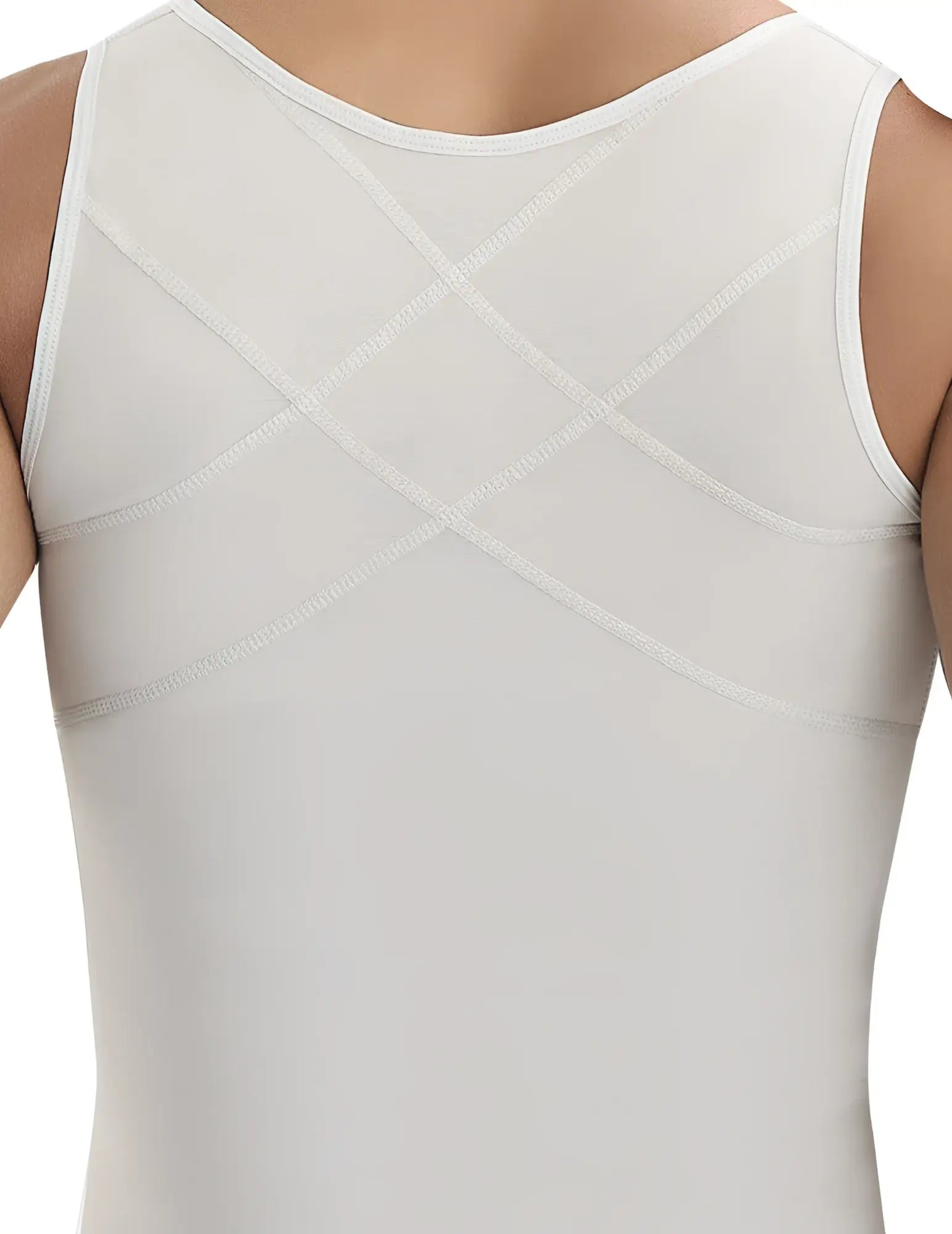 White sleeveless latex shapewear top with subtle crisscross textured stitching on the back by ann chery beige
