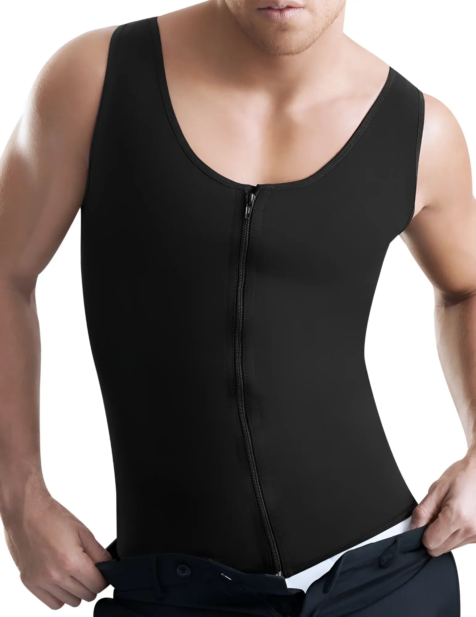 Black Ann Chery 2034 latex men girdle body shaper sleeveless zip front worn by a man front view