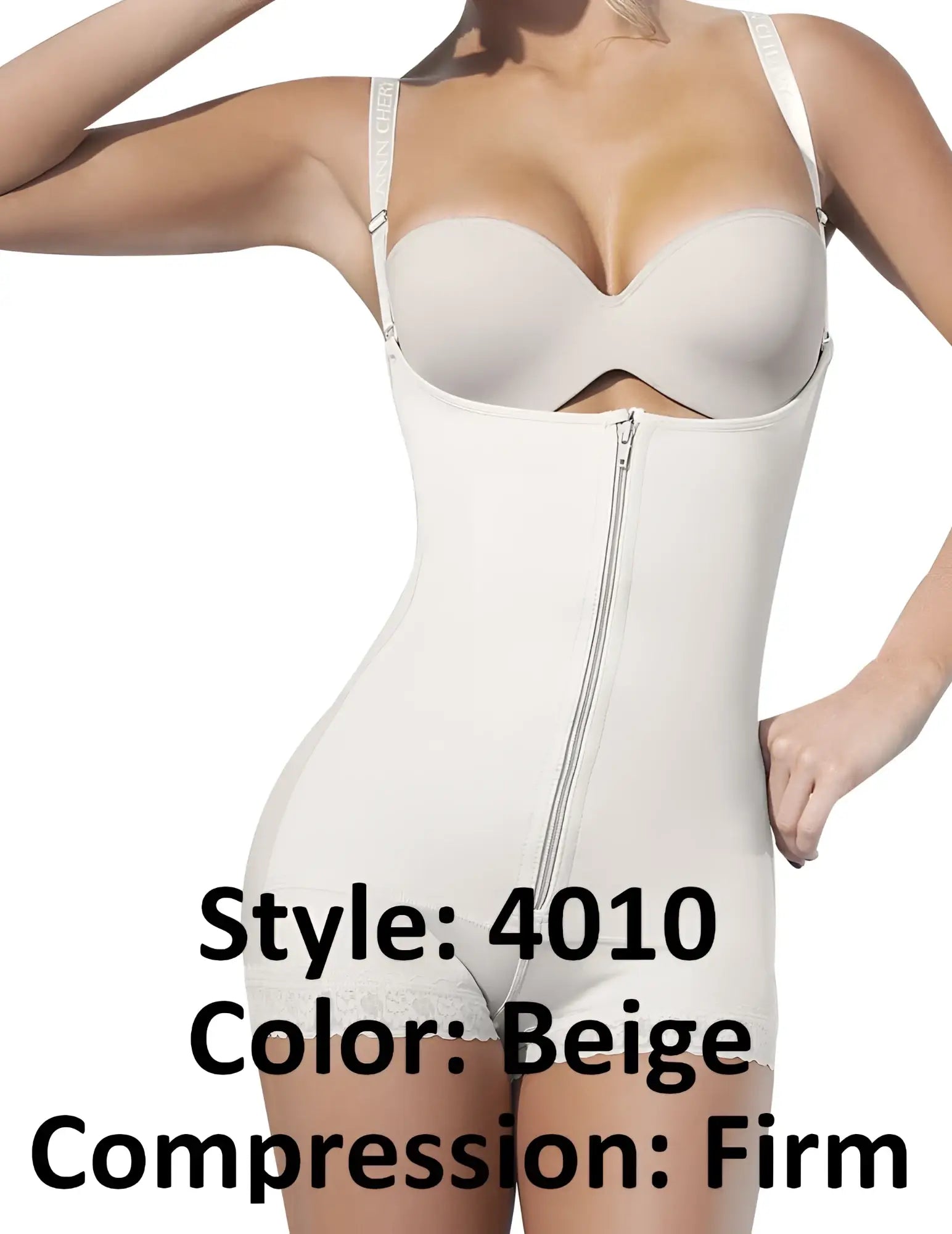 Ann chery 4010 beige latex body aide firm compression body shaper with front zipper and lace trim at the hem