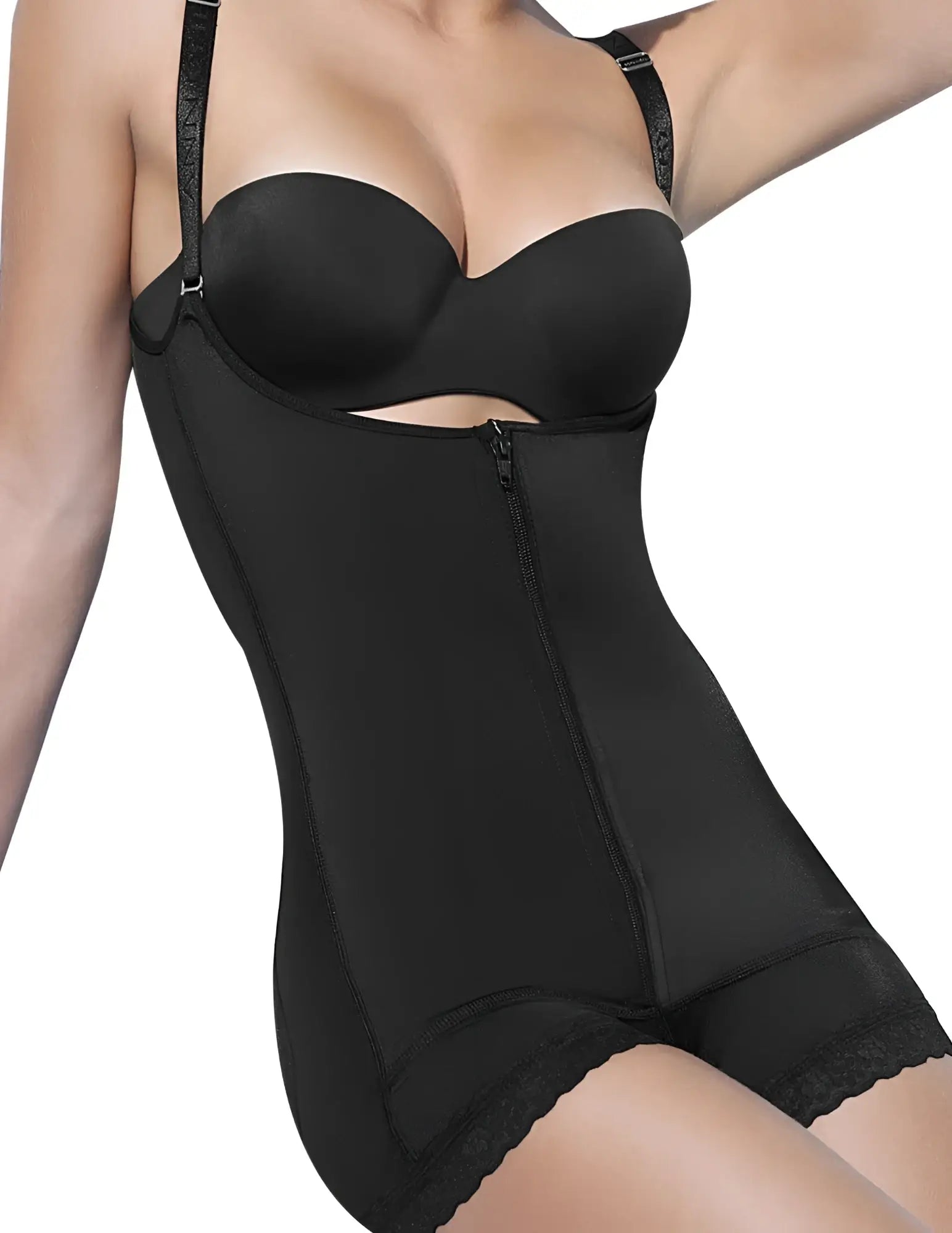 Ann Chery 4010 black latex body aide with lace trim and adjustable straps for shaping and support