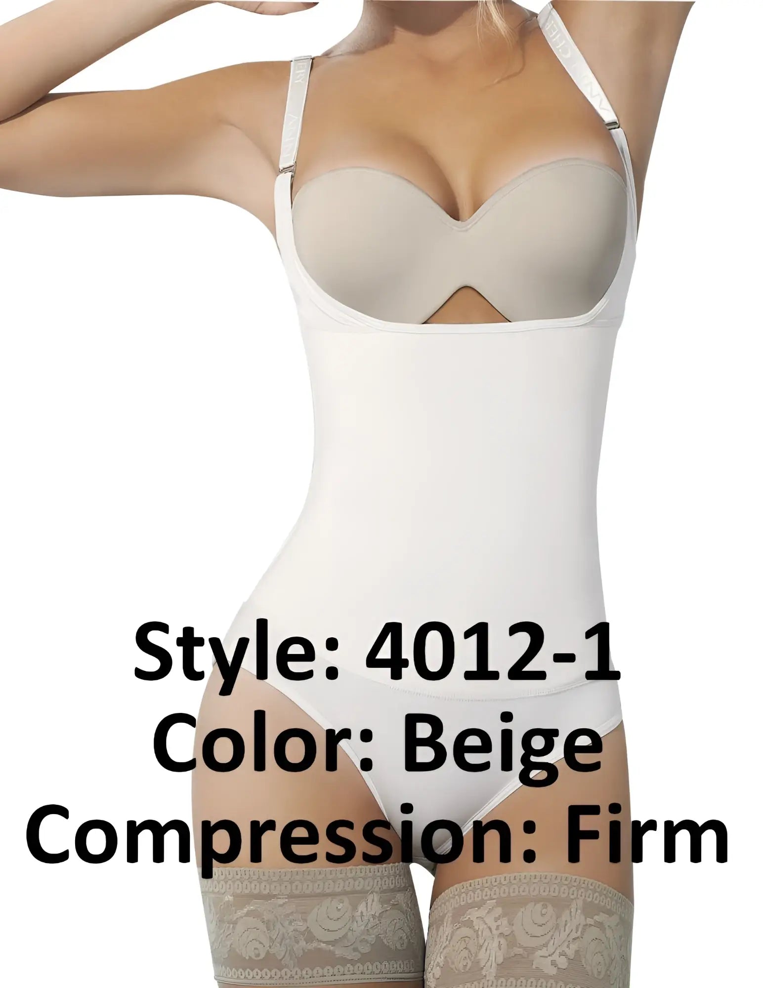 Beige ann chery 4012-1 latex body bikini firm compression shaper with lace trim and white adjustable straps