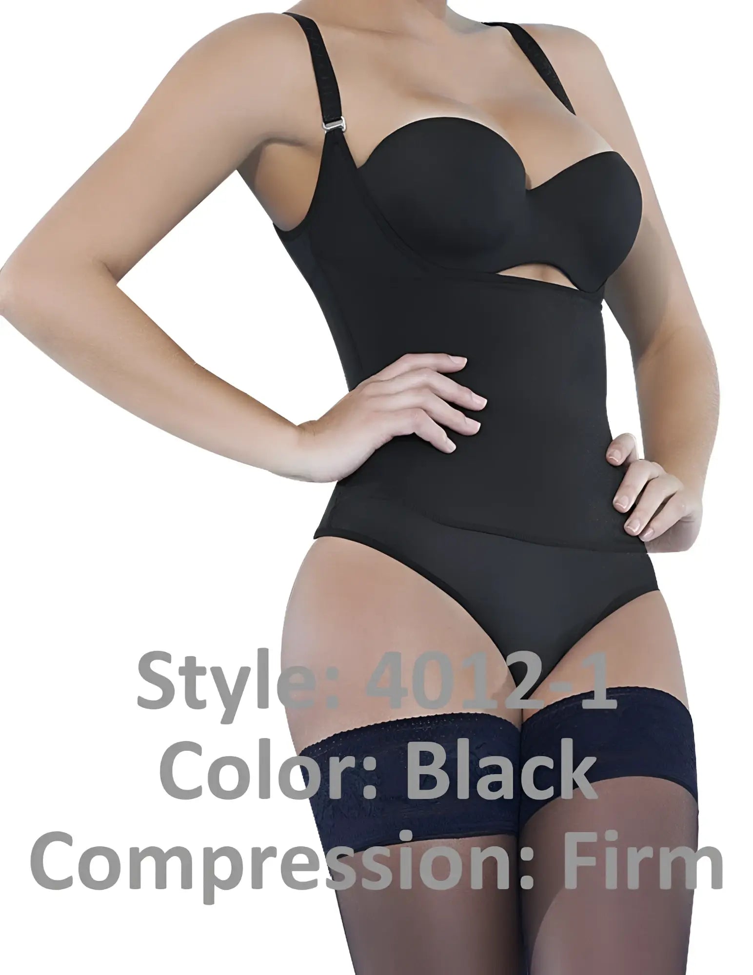 Ann Chery 4012-1 black latex firm compression bodysuit with supportive straps and seamless form-fitting design