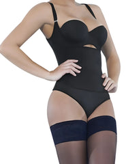 Black seamless bodycon latex shapewear bikini with lace-trimmed thigh-high stockings by Ann Chery model 4012-1
