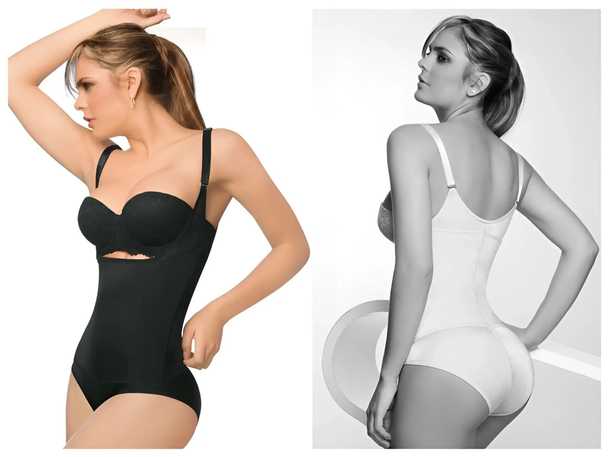 Ann chery 4012-1 black latex body bikini with adjustable straps and side cutout seamless body shaper front view