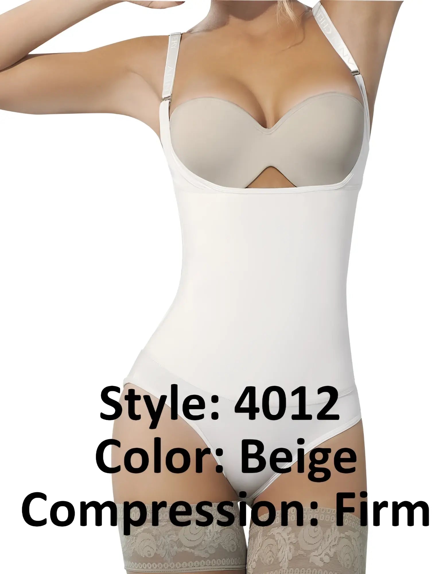 Beige Ann Chery 4012 latex body thong firm compression shaper with lace trim and adjustable white straps