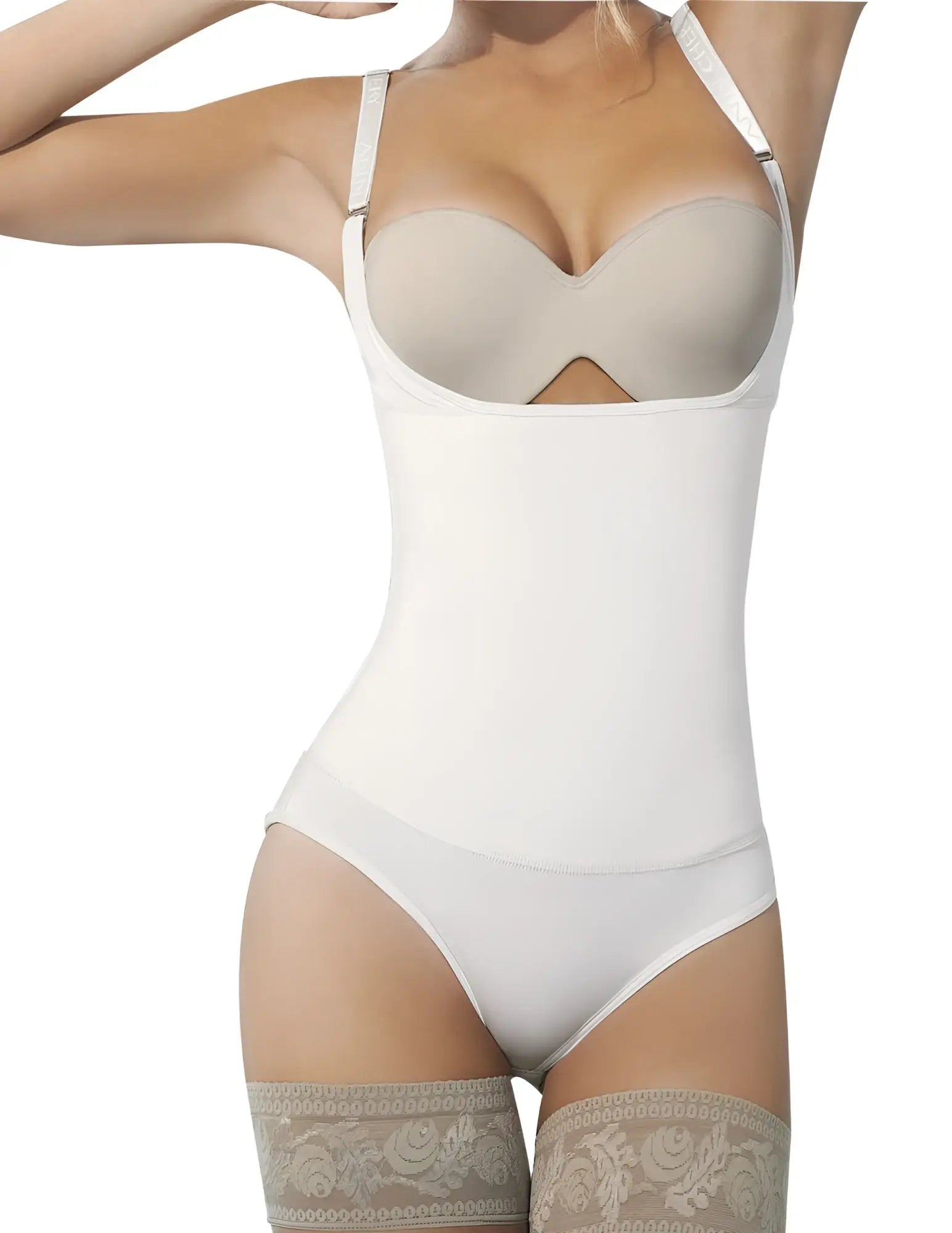 Ann chery 4012 beige latex body thong with white seamless shapewear bodysuit lace-trimmed thigh cuffs and adjustable straps