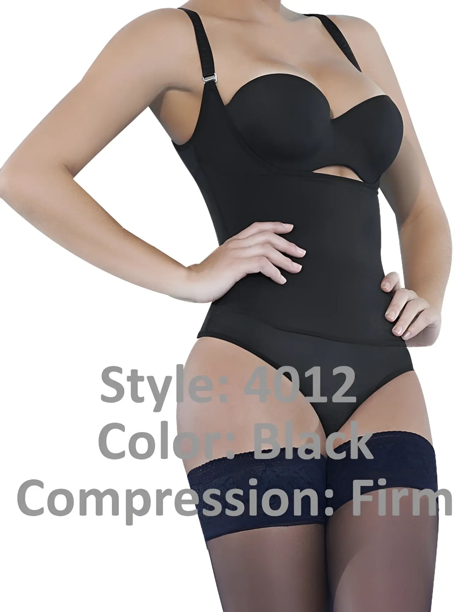 Ann chery 4012 black latex body thong with firm compression, sweetheart neckline, and adjustable straps