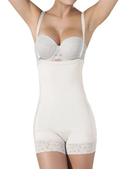 Ann chery 4013 beige latex shirly strapless shapewear with white lace trim and seamless form-fitting design