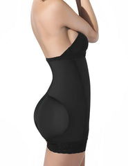 Ann Chery 4013 black latex shapewear bodysuit with padded hip contouring and lace trim at the hem