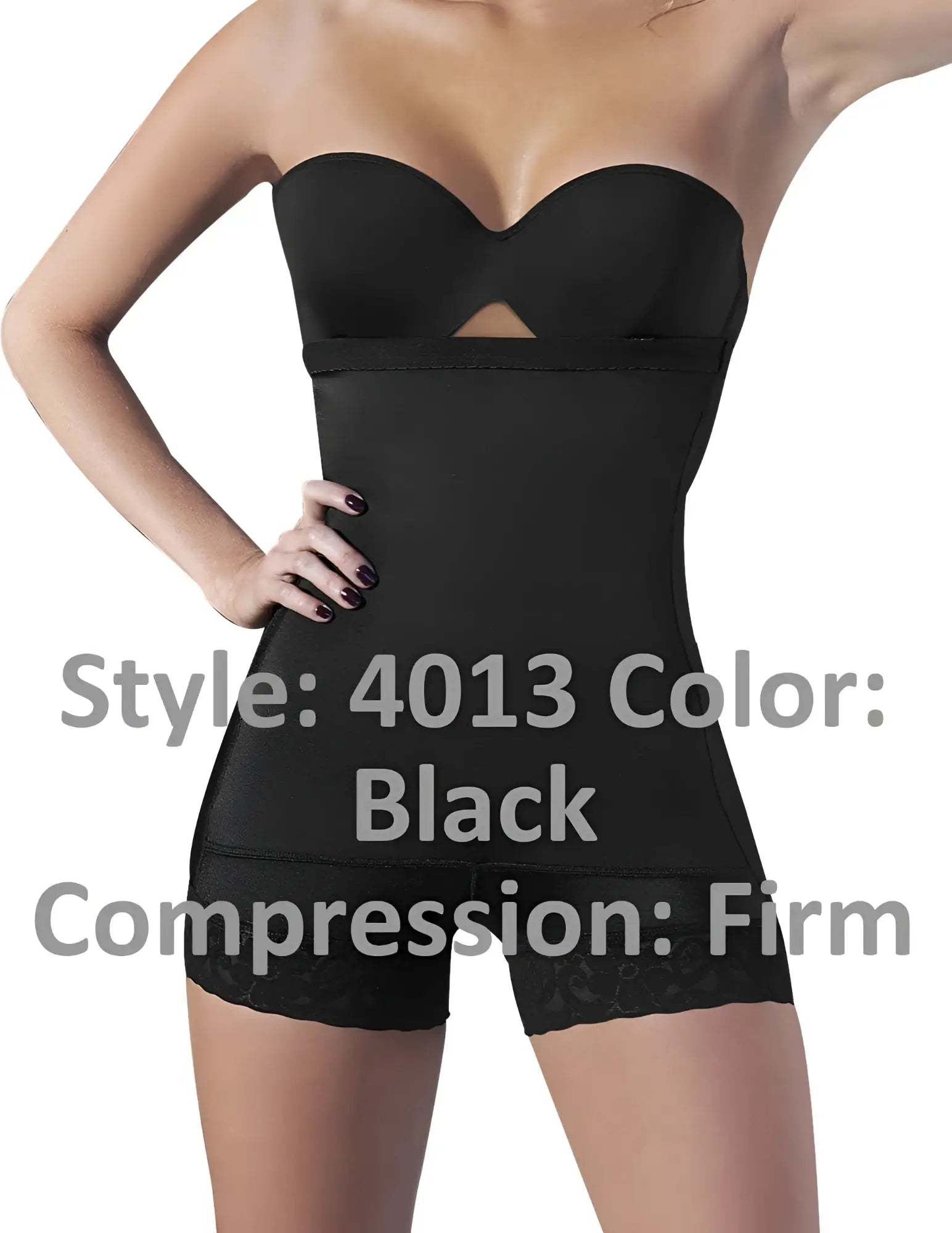 Black ann chery 4013 latex shirly strapless shapewear bodysuit with firm compression and lace trim at the hem