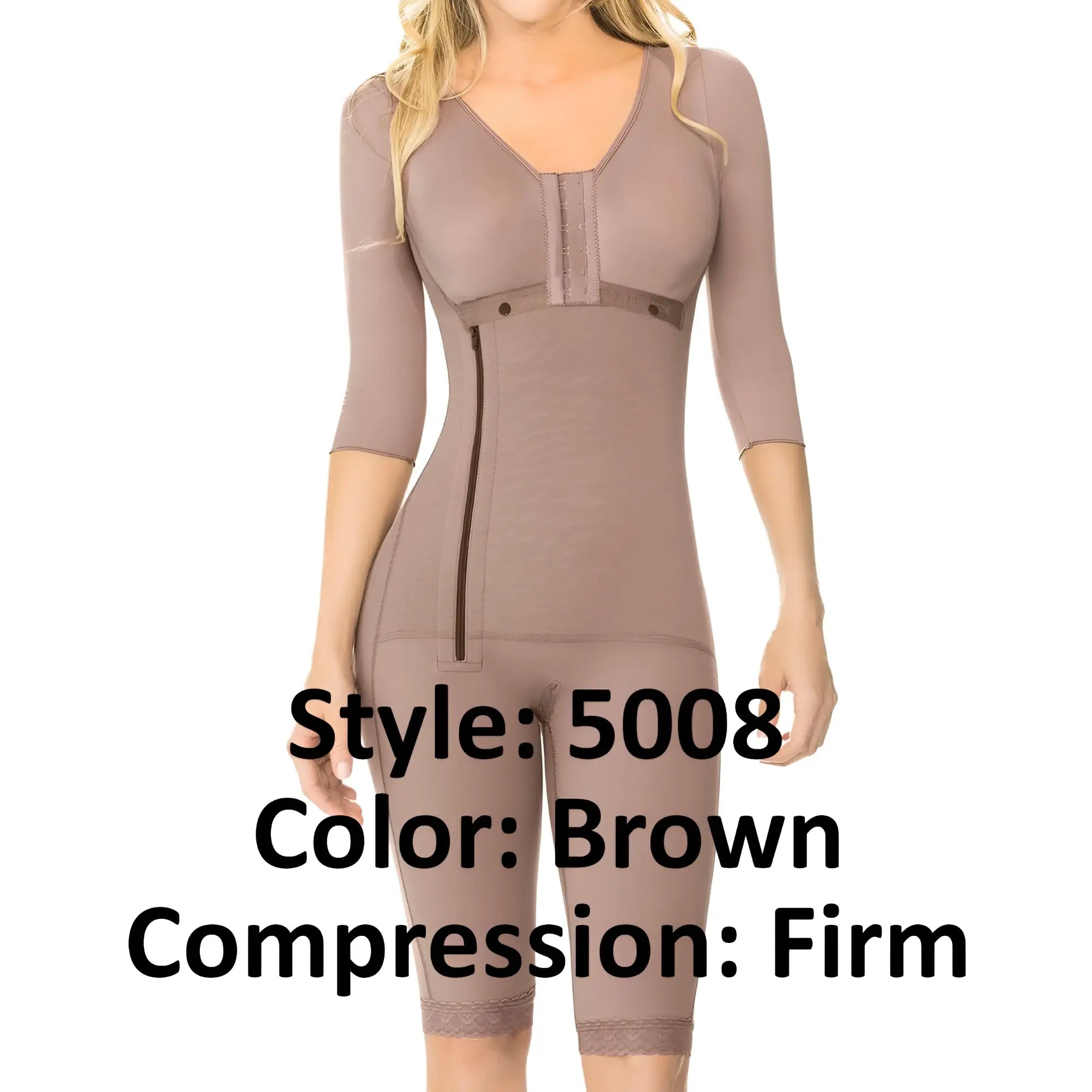 Ann chery 5008 powernet renata brown shapewear bodysuit with firm compression three-quarter sleeves and lace trim