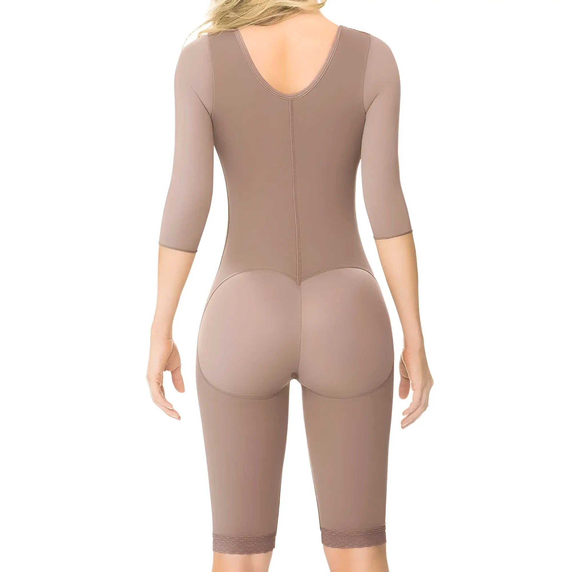 Ann Chery 5008 Powernet Renata shapewear is a taupe-colored form-fitting body shaper with lace trim three-quarter sleeves