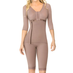 Ann chery 5008 powernet renata shapewear in brown features taupe form-fitting body shaper with lace trim and three-quarter sleeves