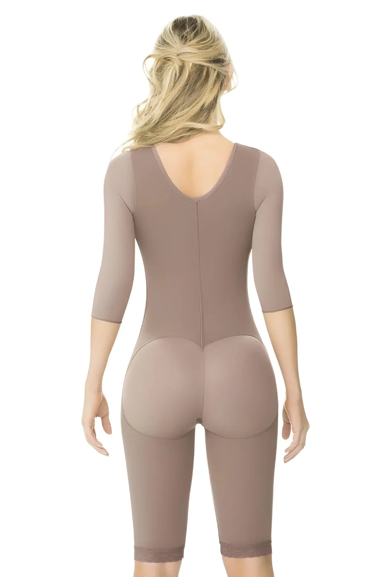 Ann chery 5008 powernet renata shapewear brown taupe body shaper with three quarter sleeves and back zipper shown from back
