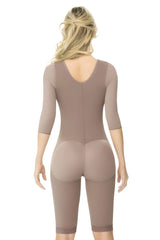 Ann chery 5008 powernet renata shapewear brown taupe body shaper with three quarter sleeves and back zipper shown from back