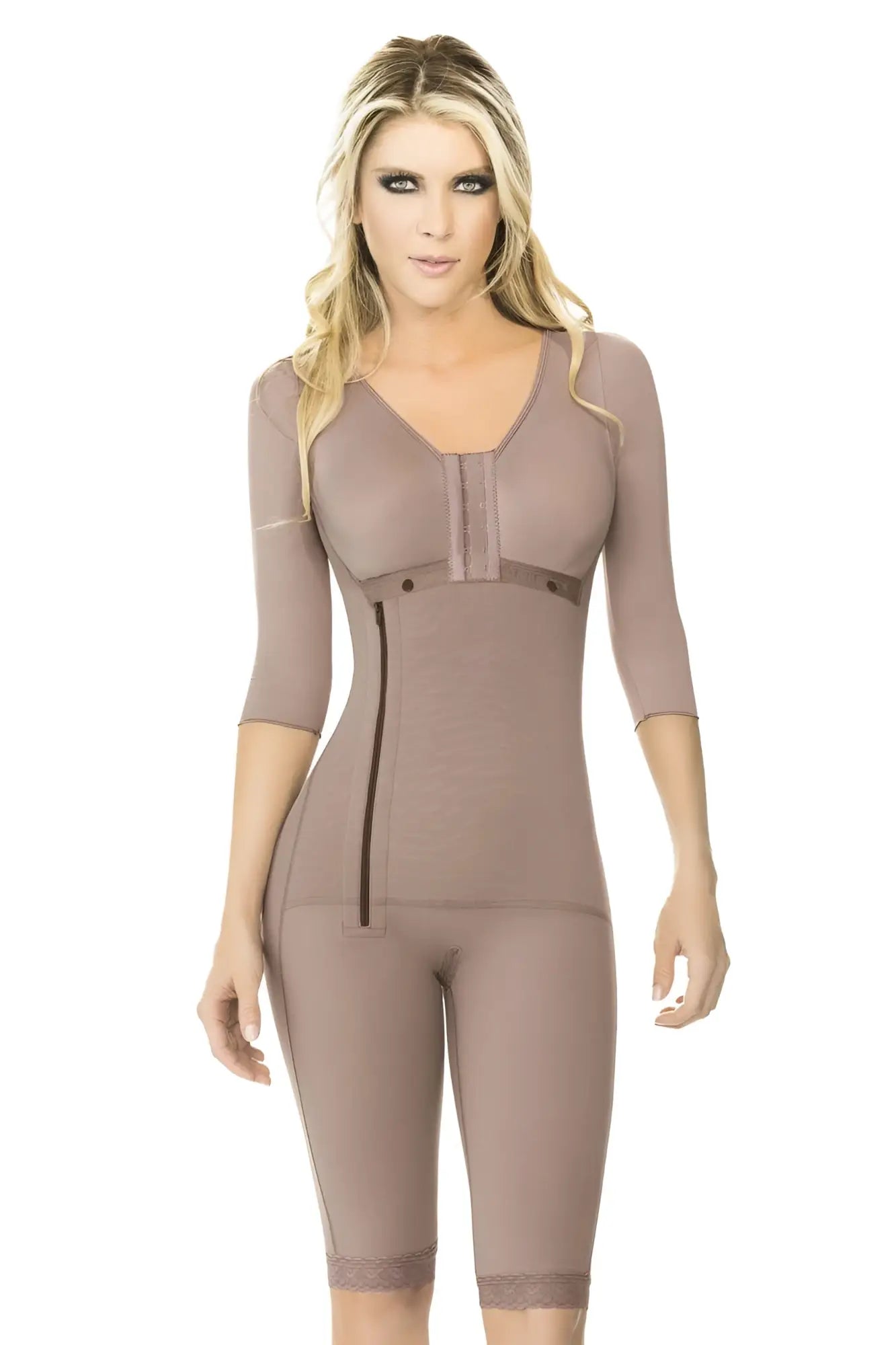 Ann Chery 5008 powernet Renata shapewear in brown taupe with form-fitting design three-quarter sleeves and lace trim hem