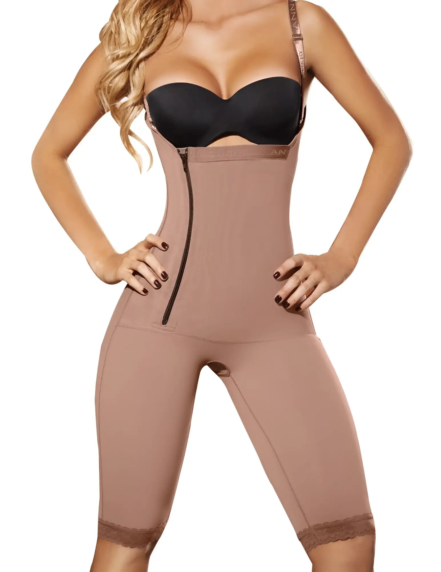 Beige ann chery 5121 powernet briggite shapewear corset with lace trim and front zipper in brown color
