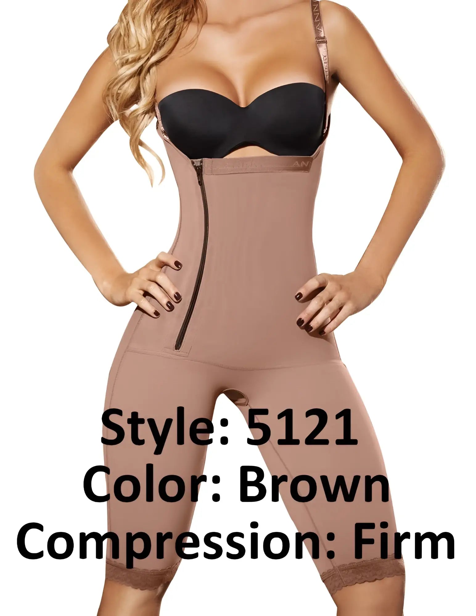 Brown ann chery 5121 powernet briggite shapewear compression bodysuit with front zipper and lace trim at hem