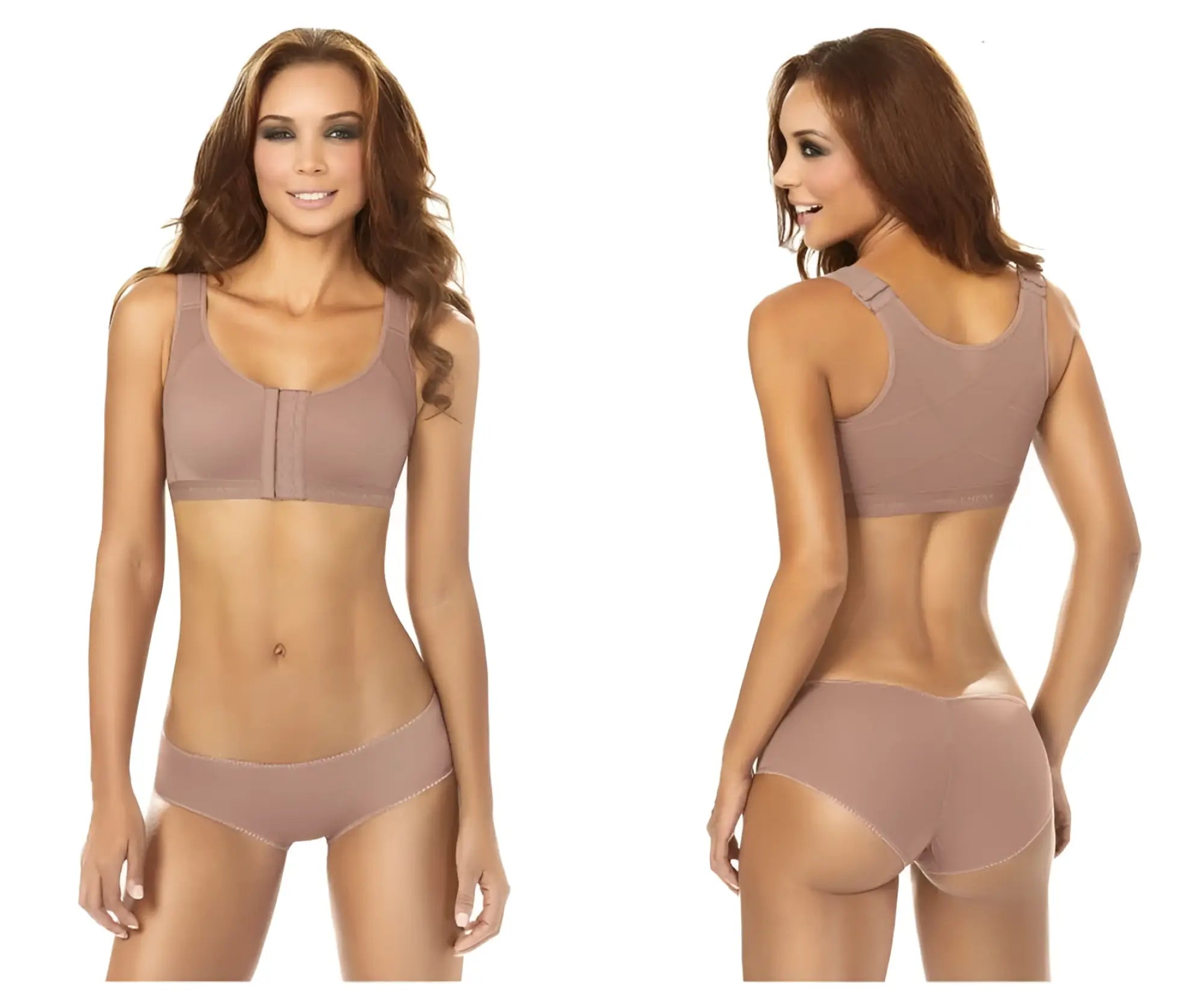 Beige seamless underwire ann chery 5130 post-surgery brassiere with adjustable straps and matching high-waisted briefs
