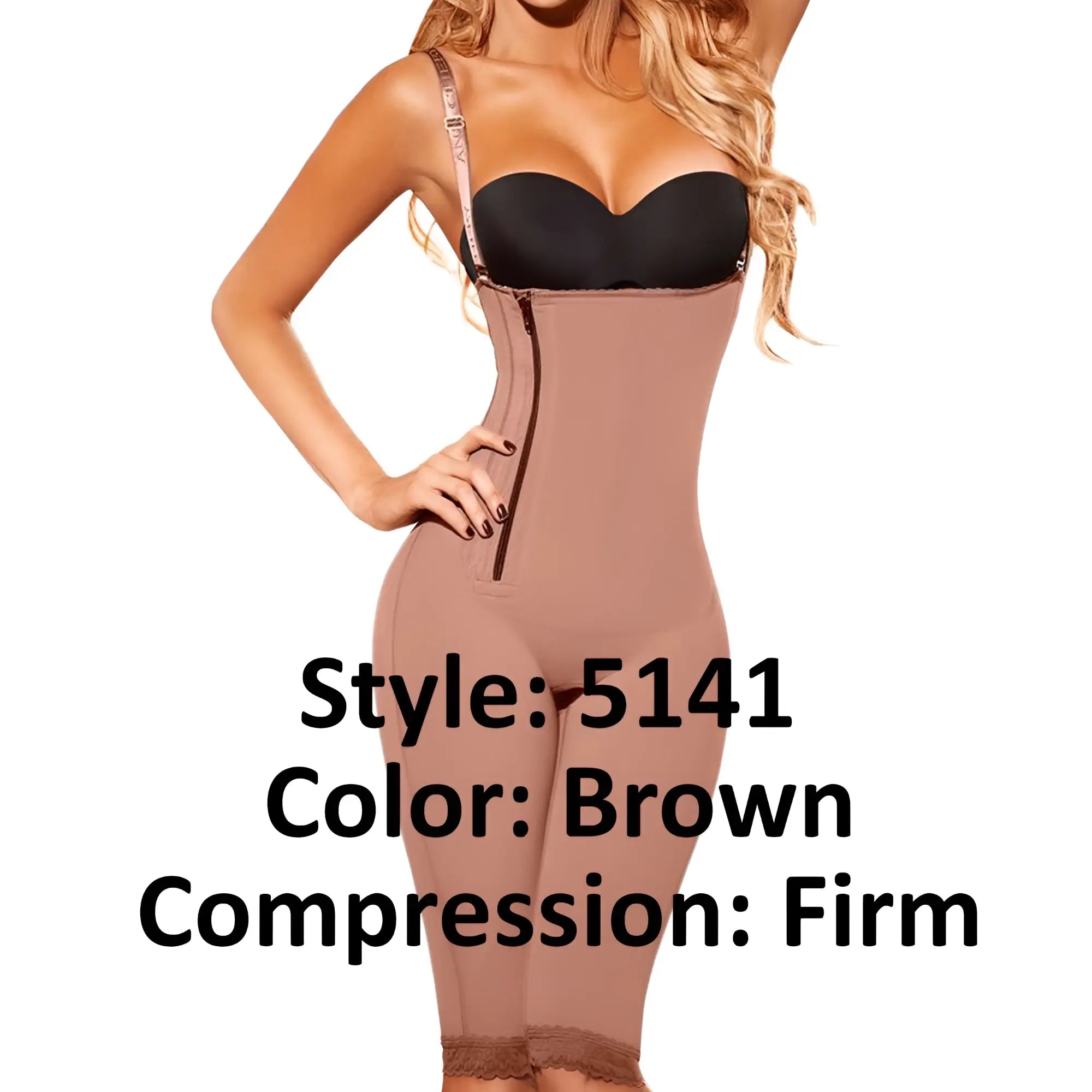 Ann chery 5141 powernet luna shapewear in brown firm compression body shaper with lace trim and front zipper