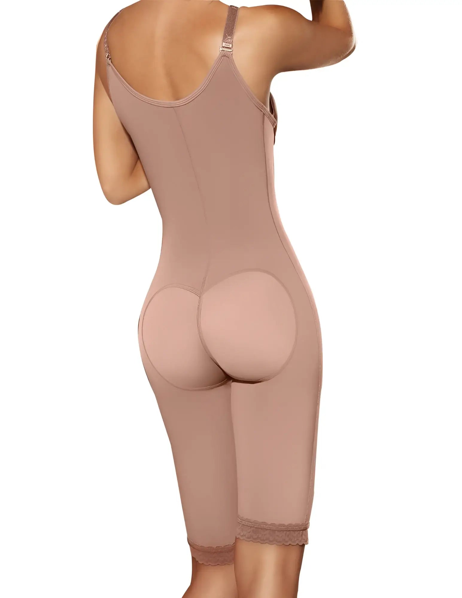 Beige ann chery 5147 powernet isabella shapewear bodysuit with padded buttocks and lace trim at the hem
