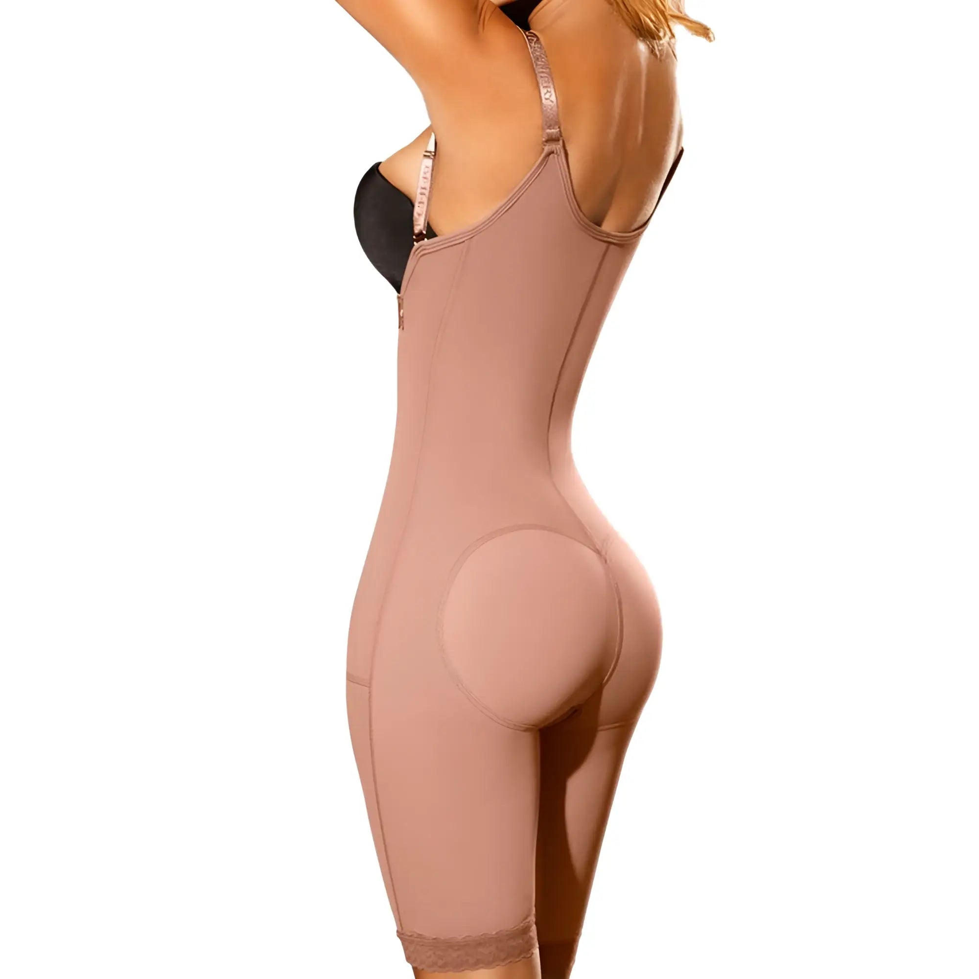 Beige ann chery 5148 powernet angelina shapewear bodysuit with padded back and lace trim at the hem visible from the back