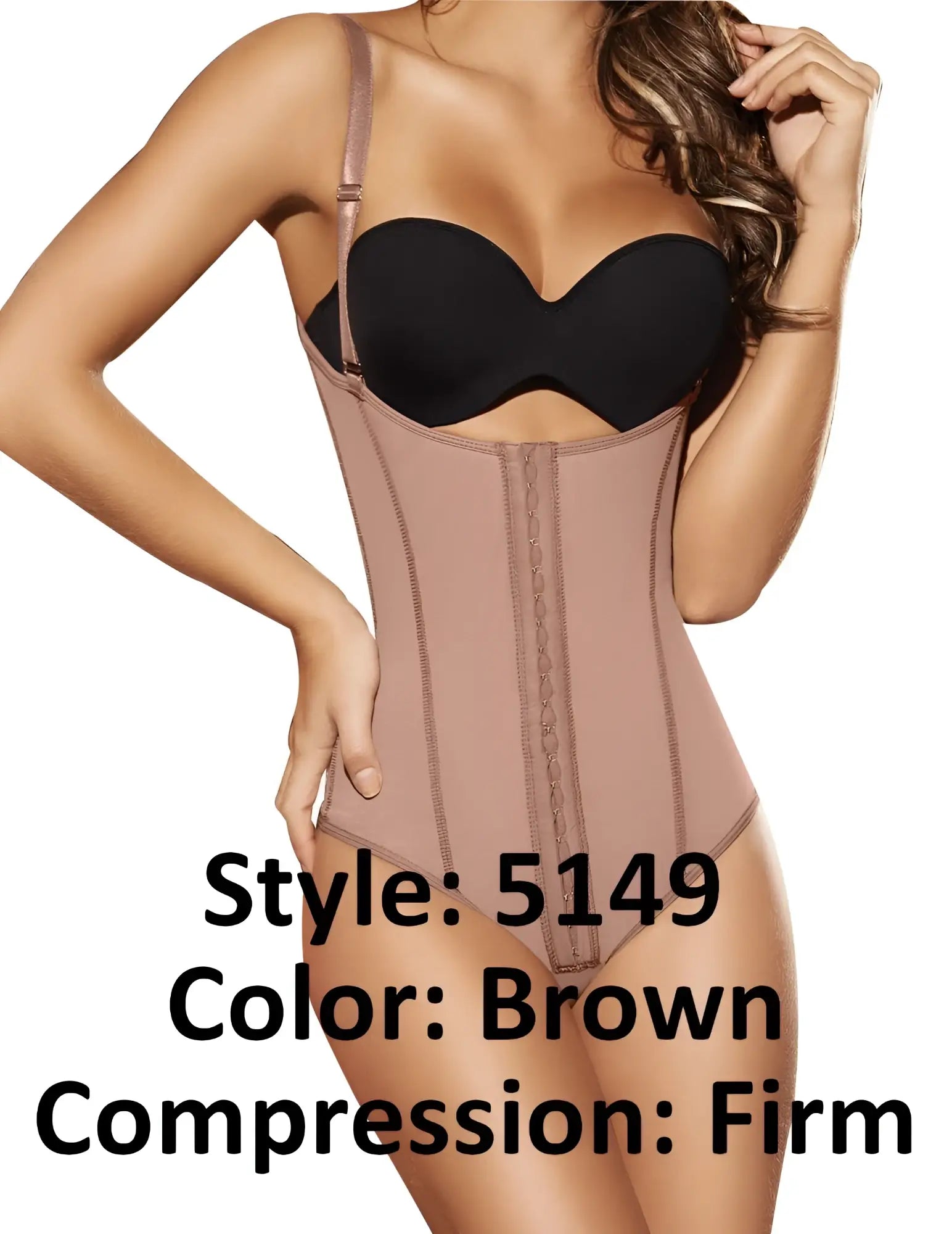 Brown firm compression corset with black bra insert and adjustable straps from ann chery shapewear powernet