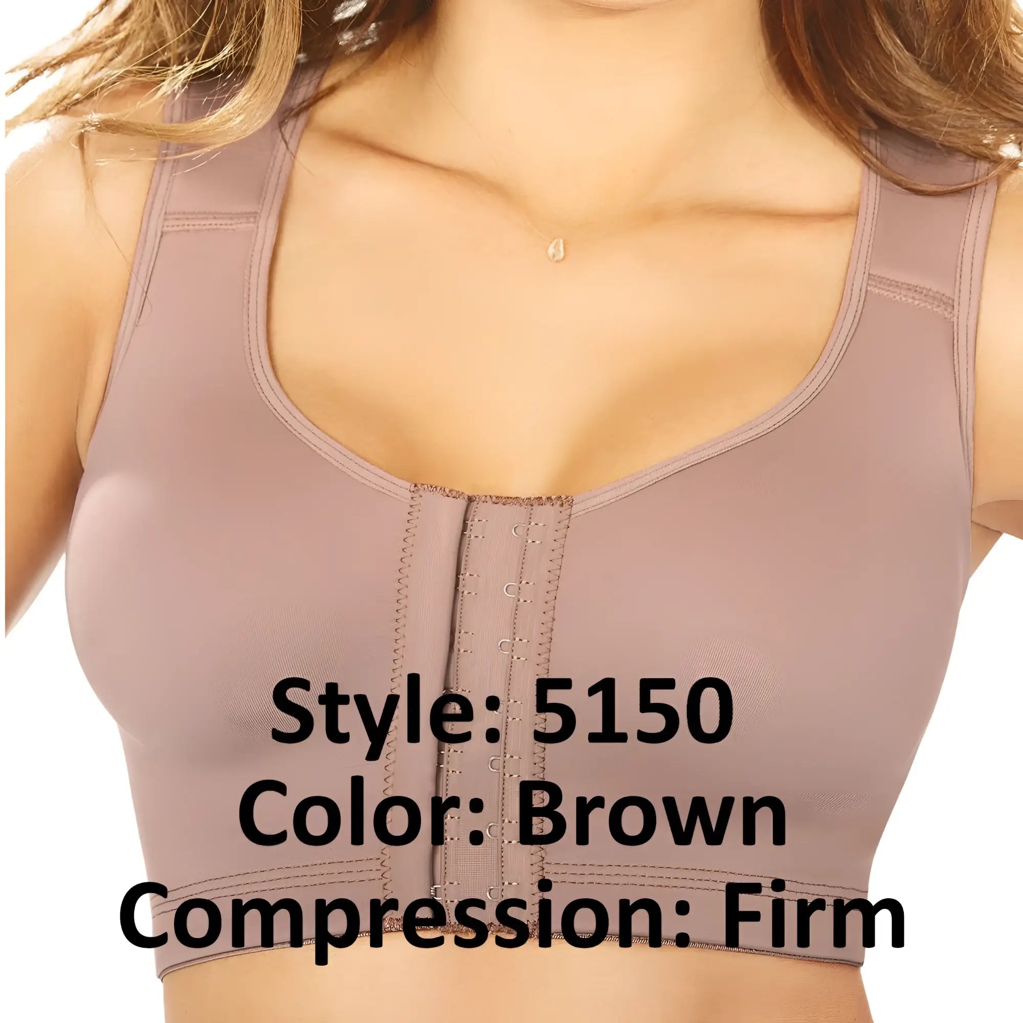 Ann chery 5150 post-surgery brown firm compression sports bra with central front closure and supportive straps