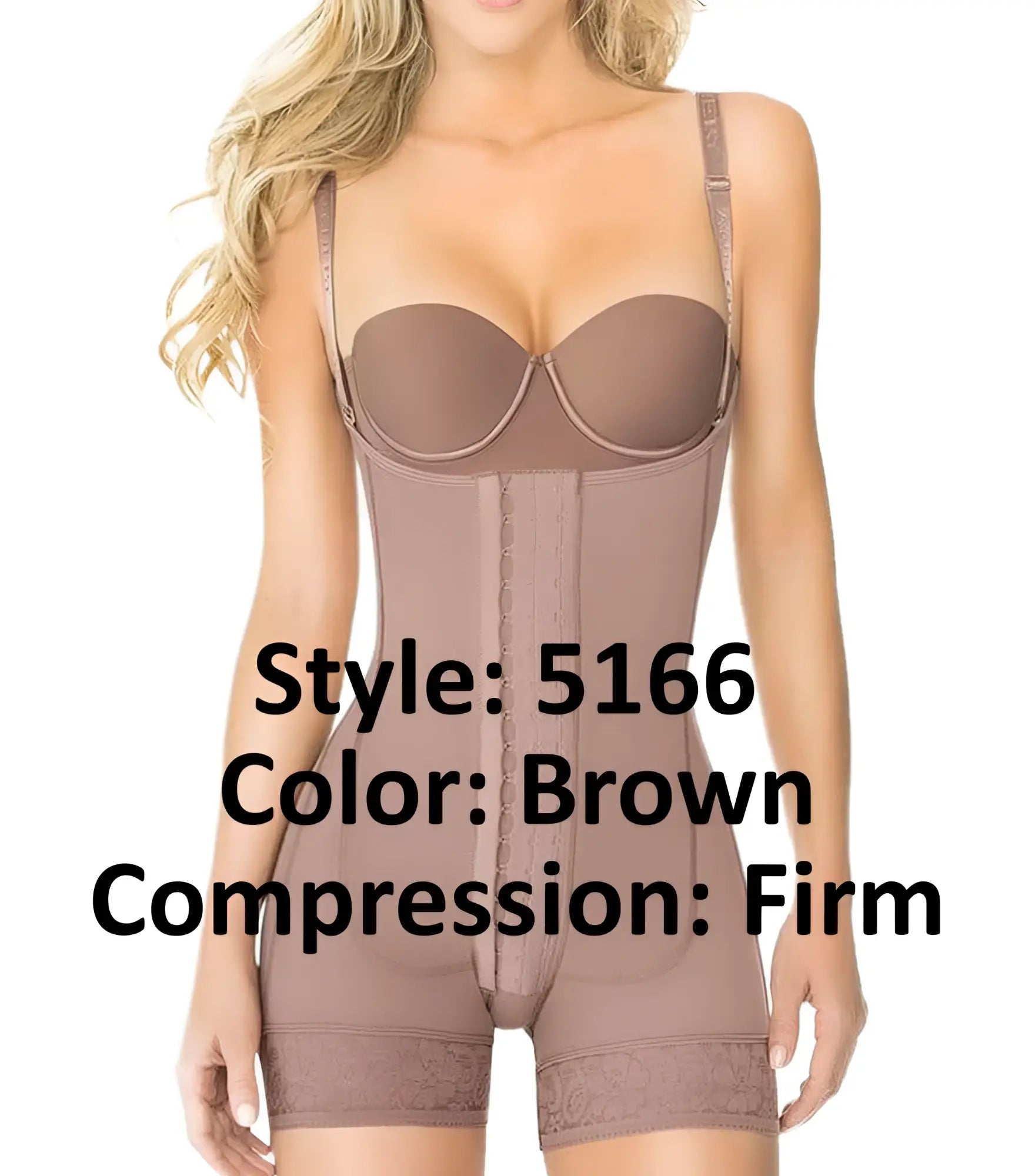 Brown firm compression bodysuit with lace trim and adjustable straps from ann chery powernet shapewear