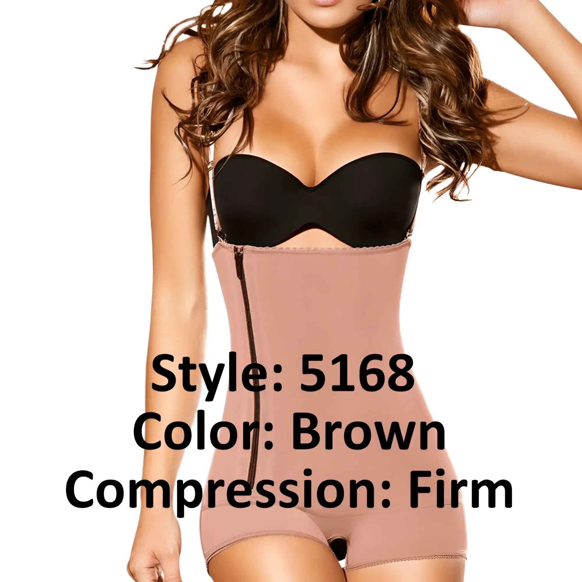 Brown firm compression body shaper with black strap and zipper detail by ann chery powernet shapewear