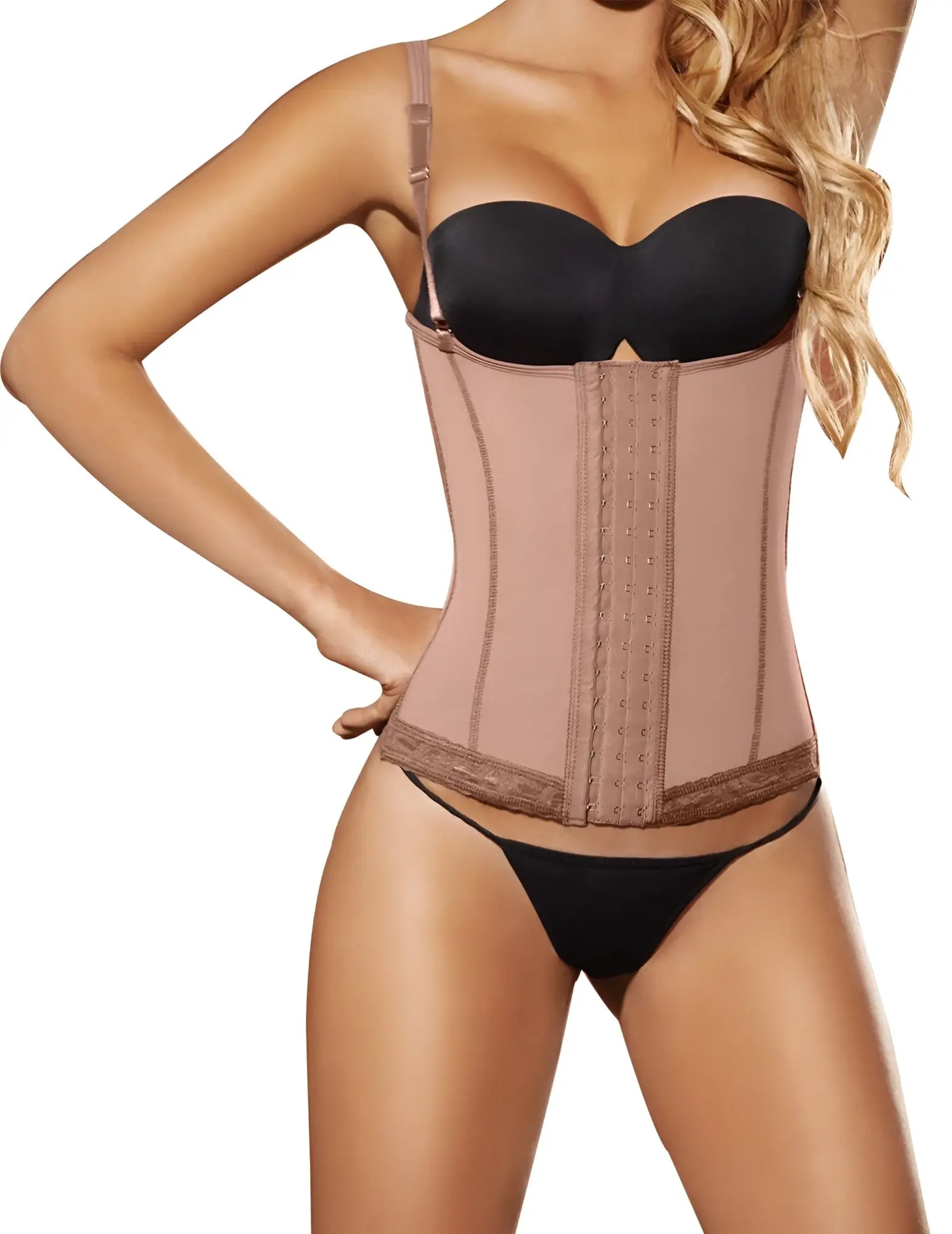 Beige ann chery 5173 powernet marilyn shapewear corset with black lace trim and adjustable straps in brown color