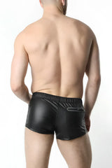 Black patent leather anti-chrome gear short with a sleek glossy finish and elastic waistband