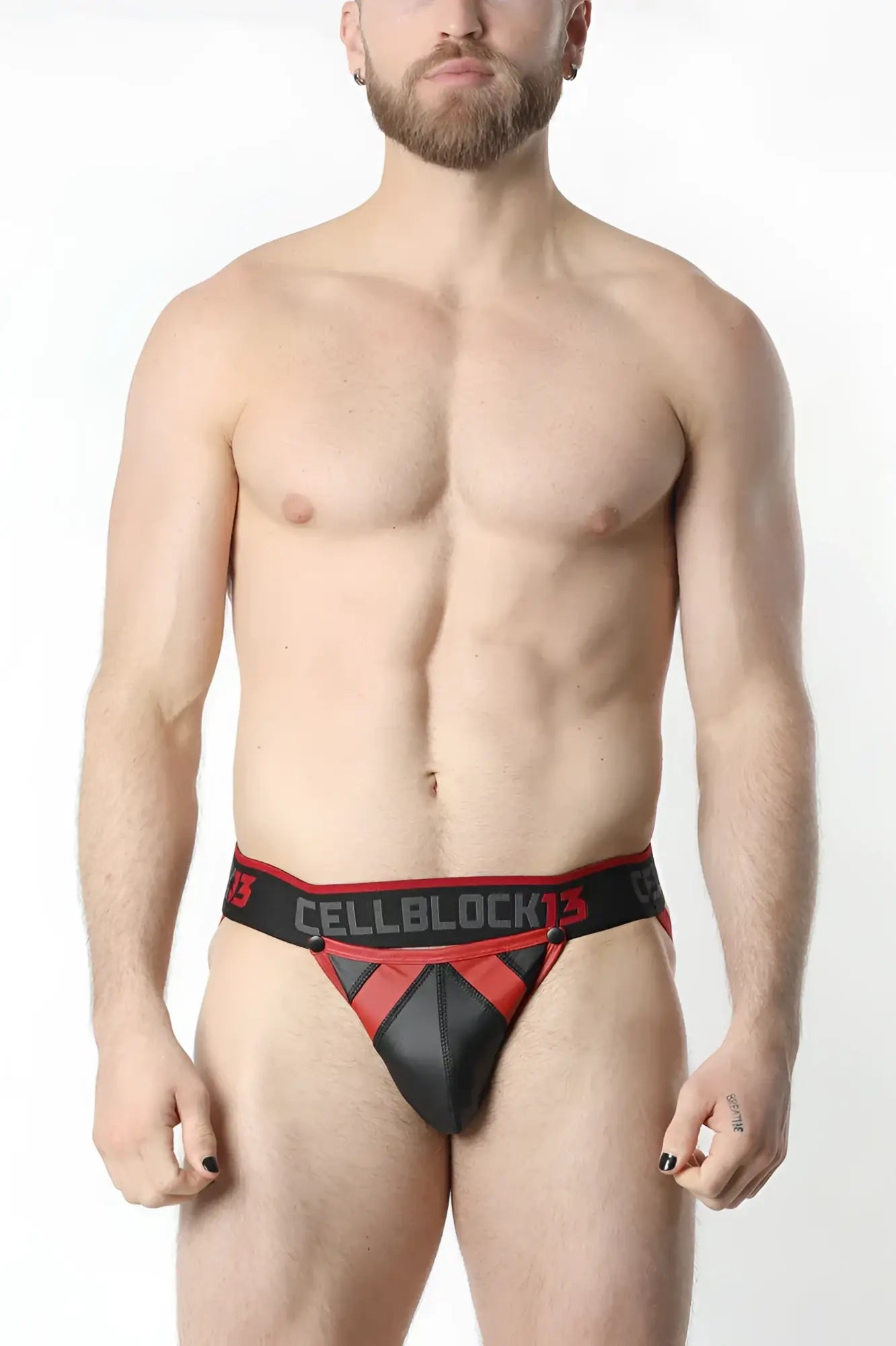 Black and red cellblock13 thong with bold geometric design in anti-chrome snap up jockstrap style back view