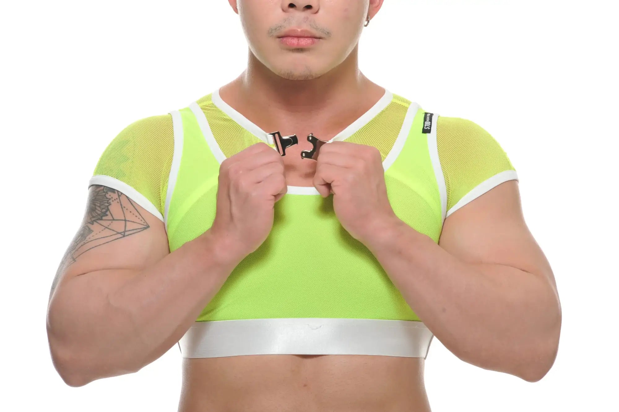 Neon green mesh ari crop top with white trim and silver waistband featuring breathable lightweight fabric