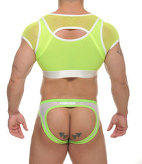 Neon green and white mesh athletic-style ari crop top with back cutout design for activewear and casual use