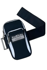 Black neoprene arm bag with white reflective stripes silver zipper pulls and xsstricks logo patch on the front