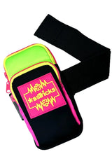 Neon green and black arm bag wristband with pink zipper accents and bold xstricks logo patch