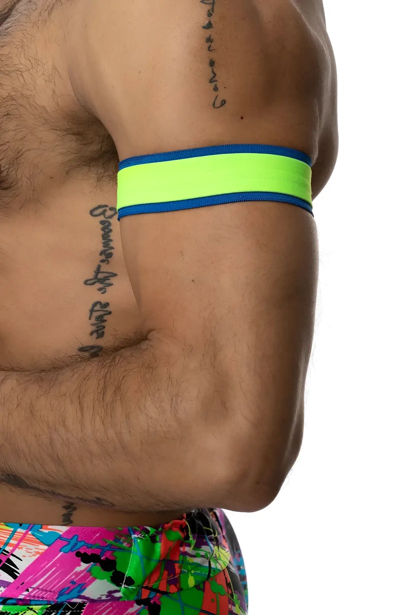 Armband set of 2 with neon green and blue reflective fabric for high visibility and safety during activities